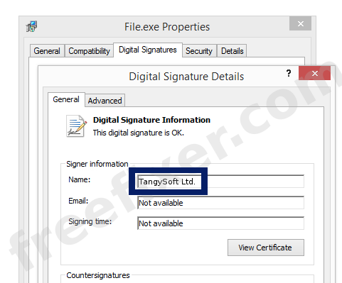 Screenshot of the TangySoft Ltd. certificate